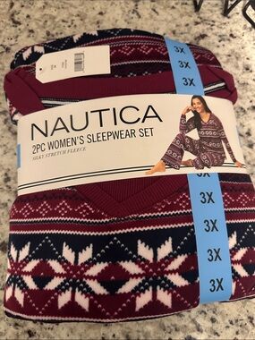 Nautica Women's 2-Piece Pajama Set in Burgundy and Navy Fair Isle